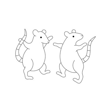 Vector isolated two funny dancing rats mouses colorless black and white contour line easy drawing
