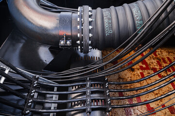 The water supply system inside the ship with a large diameter pipe and a line of high power...