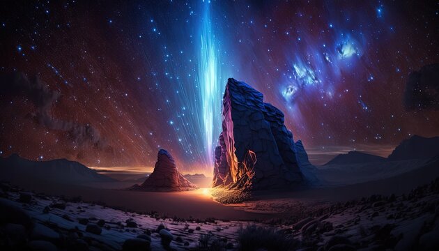 mountain with light glow the gate of other dimension explode over mountain 