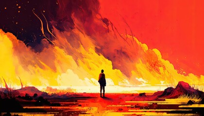 Obraz premium paint like illustration of fire storm on sky over wasteland, idea for artistic background wallpaper, Generative Ai