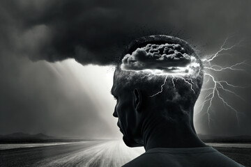 Negative thinking concept with head in storm clouds and lighting strikes representing anxiety and depression. Ai generated