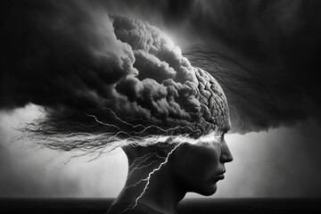 Negative thinking concept with head in storm clouds and lighting strikes representing anxiety and depression. Ai generated