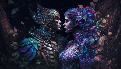 beautiful elven couple togetherness moment, affectionate eye contact , enchanted forest at night time with romantic atmosphere, Generative Ai