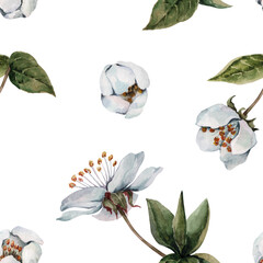 Seamless floral pattern with spring cherry blossoms. Nice spring composition. Hand drawn watercolor illustration isolated on white background for fabric design, textile, wallpaper, wrapping paper.