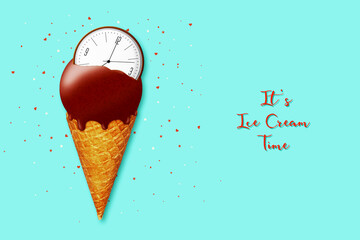 Chocolate ice cream in a waffle cone, with a clock on a pastel green background. Ice cream time...