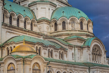 Alexander Nevski cathedral square in Sofia at dramatic autumn sunset, Bulgaria