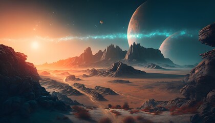 Beautiful landscape of an alien world with mountains - AI Generated