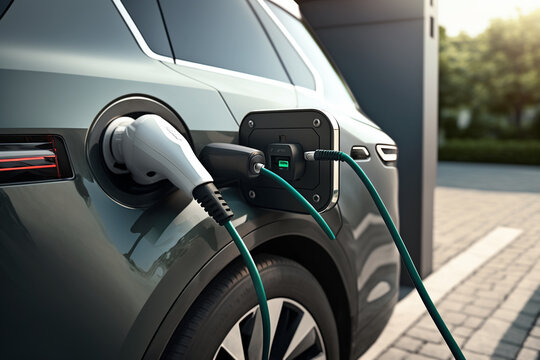 Electric Vehicle Charging and Socket Detail with EV charger connected to a charging station. Ai generated