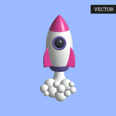 Rocket 3d icon in cartoon style. Spaceship launch with smoke. Design element. Vector illustration.