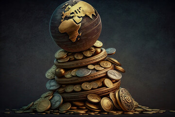 concept of global wealth, globe on the golden coins
