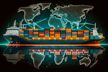 cargo ship with containers on the world map background