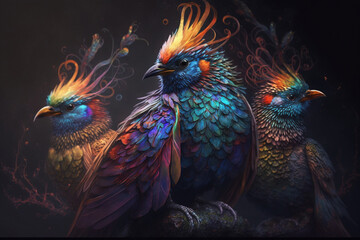 Exotic birds with detailed, vibrant feathers that radiate a bright pallete of colors. Each bird is unique and fantastic, with intricate patterns and textures. Ai generated