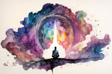 Watercolor meditation and mindfullnes lifestyle time and space concept art, spiritual awerness, mental soul health, self care, healthy habit, relief generative ai	 - obrazy, fototapety, plakaty