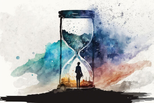 Watercolor hourglass meditation and mindfullnes lifestyle time and space concept art, spiritual awerness, mental soul health, self care, healthy habit, relief generative ai	