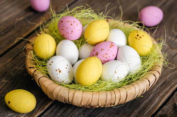 Easter composition with eggs in a decorative nest.