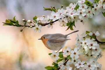 Robin bird pearching on the blooming tree branch within springtime