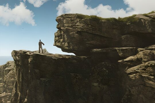 A man standing on a stone cliff. Generative AI