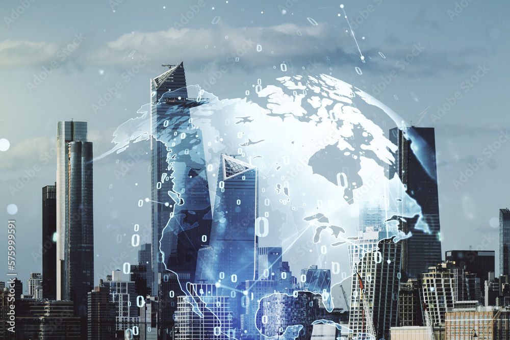 Aufkleber multi exposure of abstract software development hologram and world map on new york city skyscrapers 