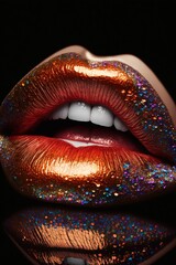 Close-up shot of lips. Makeup artist product photography macro mouth glitter red lipstick generative ai