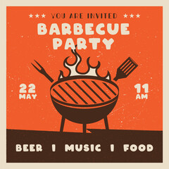Retro BBQ party card template. BBQ grill square card for social media marketing. Barbecue post design. Stock vector poster flyer