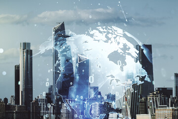 Multi exposure of abstract software development hologram and world map on New York city skyscrapers background, global research and analytics concept