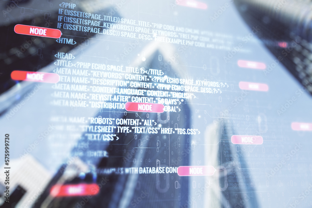 Poster multi exposure of abstract graphic coding sketch on modern architecture background, big data and net