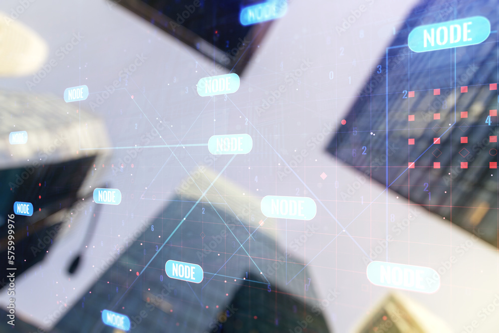 Poster Abstract virtual coding concept on office buildings background. Multiexposure