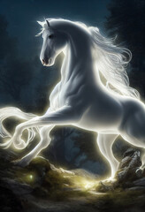 Plakat A beautiful and shiny white horse in a nighttime setting, displaying grace and elegance with generative AI.