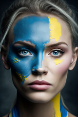 Frontal portrait of a beautiful young woman with Ukraine national flags color painting on her face - AI generative