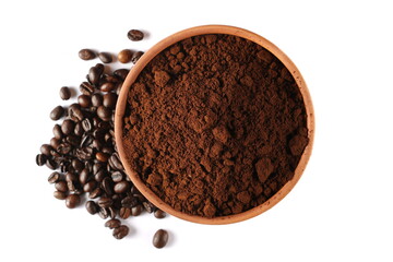 Instant coffee pile powder and beans for espresso in clay isolated on white, top view