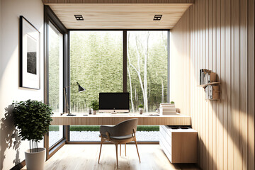 Fototapeta premium Illustration of modern light workroom with wooden paneling,created with Generative AI technology.