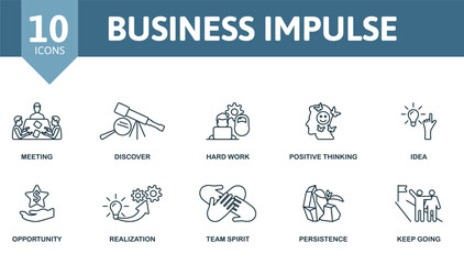 Fototapeta premium Business Impulse icon set. Monochrome simple Business Impulse icon collection. Meeting, Discover, Hard Work, Positive Thinking, Idea, Opportunity, Realization, Team Spirit, Persistence, Keep Going