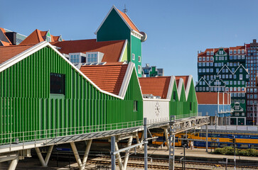 Zaandam, The Netherlands, February 26, 2023:  new section of the central railway station inspired by the traditional wooden architecture of the Zaan region