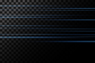 Set of blue lines, laser beams, bright light beams with sparkles and dust on a transparent background. vector illustration