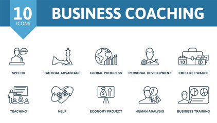 Business Coaching icon set. Monochrome simple Business Coaching icon collection. Speech, Tactical Advantage, Global Progress, Personal Development, Employee Wages, Teaching, Help, Economy Project