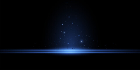 Blue lines, laser beams, bright light beams with sparkles, bokeh and dust on a black background. Vector illustration