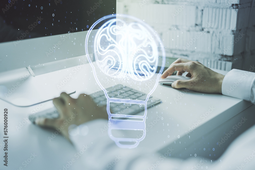 Aufkleber creative light bulb illustration with human brain and with hands typing on computer keyboard on back