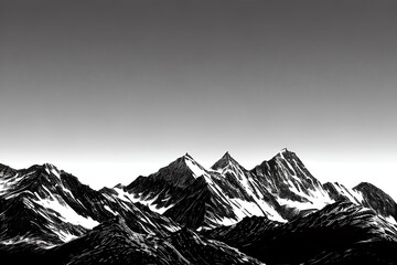 Drawn mountains on a black background. Mountain peaks. Black and white illustration of mountain travel. Generative AI