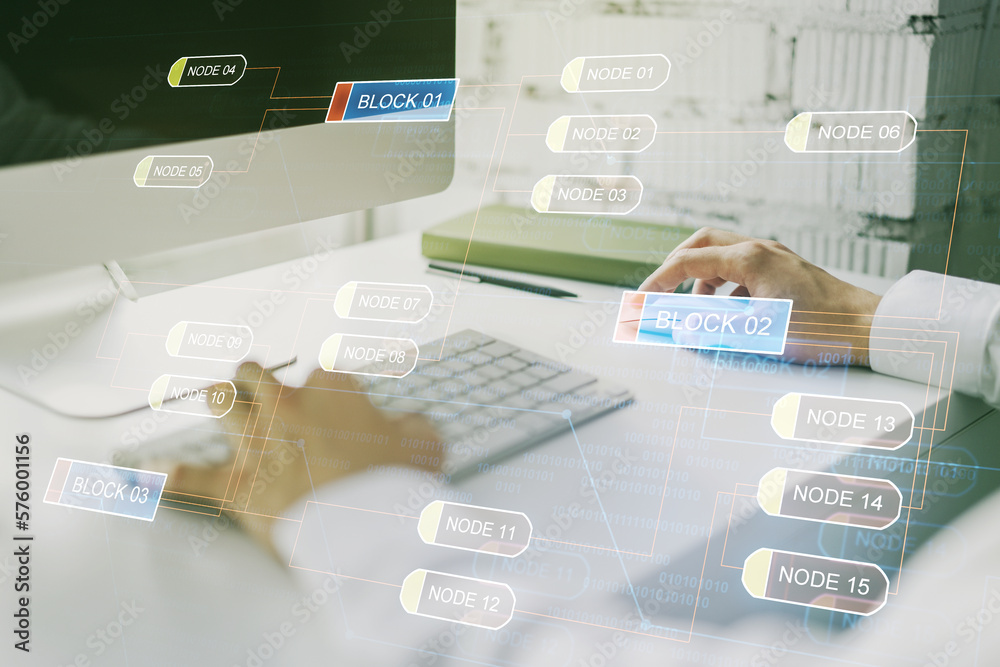 Aufkleber double exposure of abstract programming language hologram with hands typing on laptop on background,