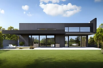 Exterior image of a new modern house with large windows with a garden in a rural area under the beautiful sky. Generative AI