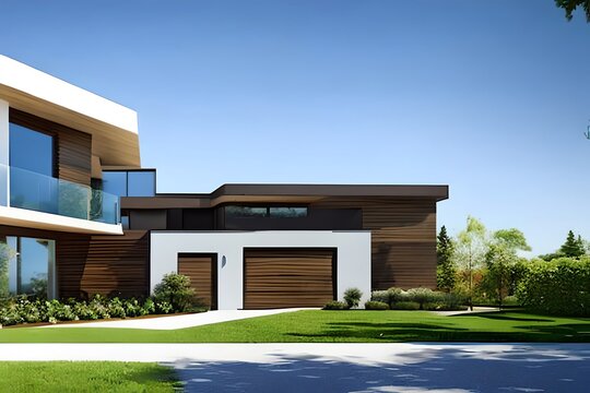 Exterior image of a new modern house with large windows with a garden in a rural area under the beautiful sky. Generative AI