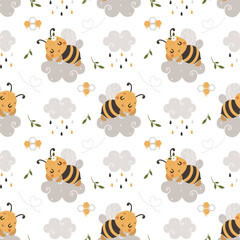 Seamless Pattern with kawaii Cute Bee and doodle clouds, Cartoon Animals Background, Design for baby clothes, t-shirts, wrapping, fabric, textiles and more