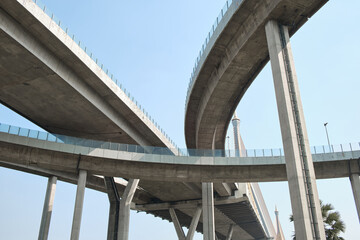 Elevated expressway during a sunny day .  highway overpass against blue sky .  Motorway viaduct interchange