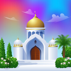 Cute Cartoon mosque, ramadan kareem illustration with colorful sky green and yard