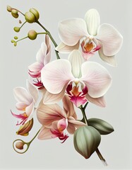 illustration of white and pink orchid on gray background, generative ai
