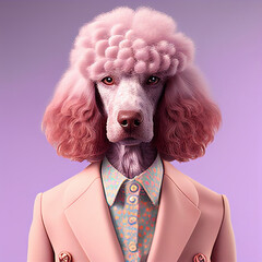 Realistic lifelike poodle dog doggy puppy in retro vintage pastel colourful, mod twiggy seventies era, commercial, editorial advertisement, surreal surrealism	