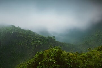 Misty morning in the mountains full of fog over the Jungle/Forest. Generative AI