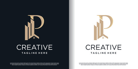 letter p logo design template with building concept premium vector