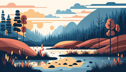  Wetland - Minimalistic flat design landscape illustration. Image for a wallpaper,  background,  postcard or poster. Generative AI - obrazy, fototapety, plakaty