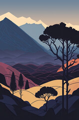 Valley - Minimalistic flat design landscape illustration. Image for a wallpaper, background, postcard or poster. Generative AI